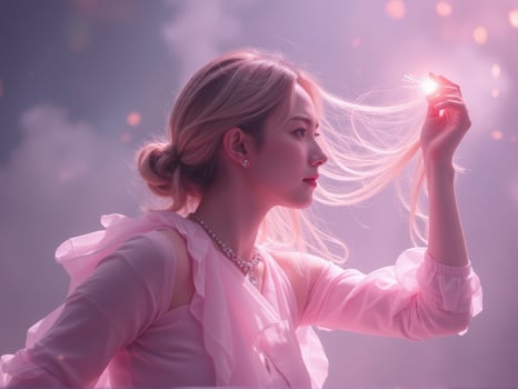 A woman in a pink dress is holding a sparkly light photo