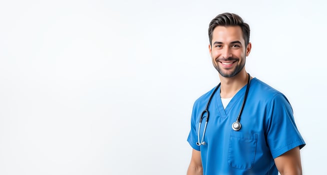 Portrait of smiling male nurse with stethoscope in blue uniform standing on white background. healthcare, medical professional, physician, hospital, clinic, medical care. banner template. copy space photo