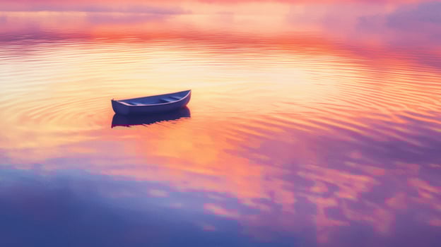 A boat floating in the water at sunset photo