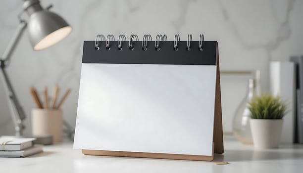 Desk calendar mockup blank on table. Blank paper desk spiral calendar. business planning and corporate design concept. white calendar mockup photo