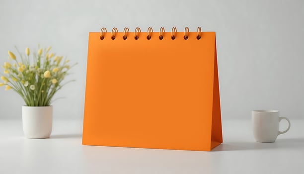 Desk calendar mockup blank on table. Blank paper desk spiral calendar. business planning and corporate design concept. orange calendar mockup blank. photo
