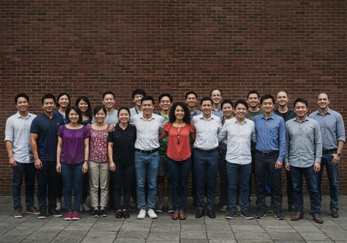 A group of people standing in front of a brick wall photo
