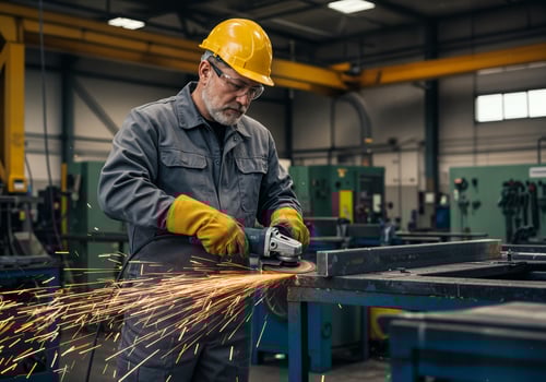A man in a hard hat grinding metal with sparks photo