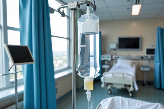 A hospital room with a drip and a bed photo