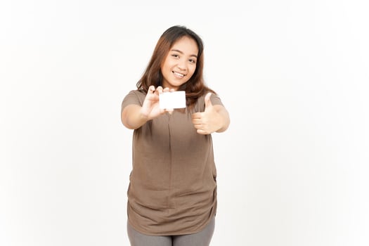 A woman holding a blank business card photo