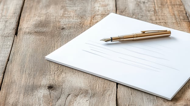 A fountain pen and a blank notepad on a wooden table photo
