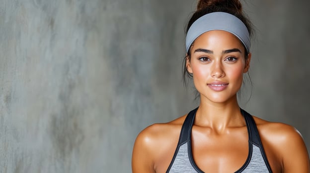 confident Asian woman in sports bra smiles, showcasing her fitness photo