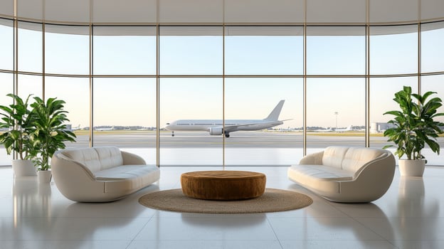 A large room with white furniture and a plane in the background photo