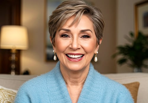 A woman with short hair and a blue sweater photo