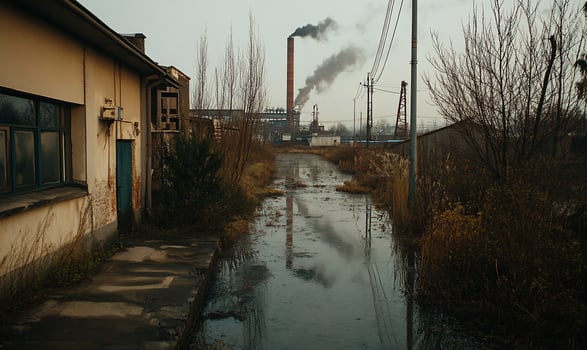Industrial wasteland, stagnant canal, and smokestacks photo
