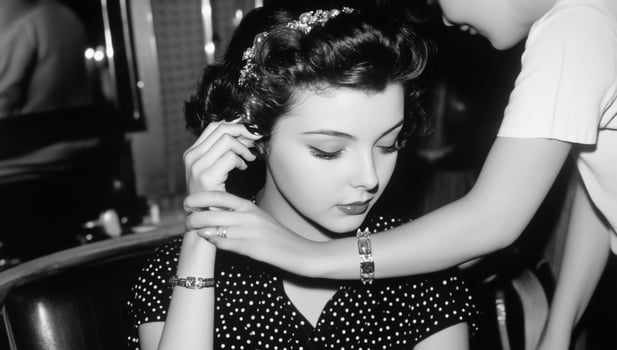 A woman getting her hair done by another woman photo