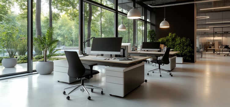Modern office with large windows and desks photo