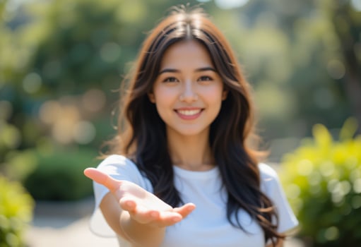 Smiling Asian Woman in White T-Shirt with Open Palm Hand Gesture, Outdoor Garden Background photo
