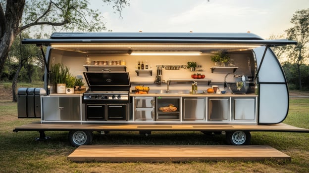 A modern outdoor kitchen setup in a trailer, designed for cooking and entertaining. photo