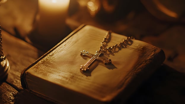 Intimate Still Life of Antique Book and Cross Necklace in a Candlelight Setting photo