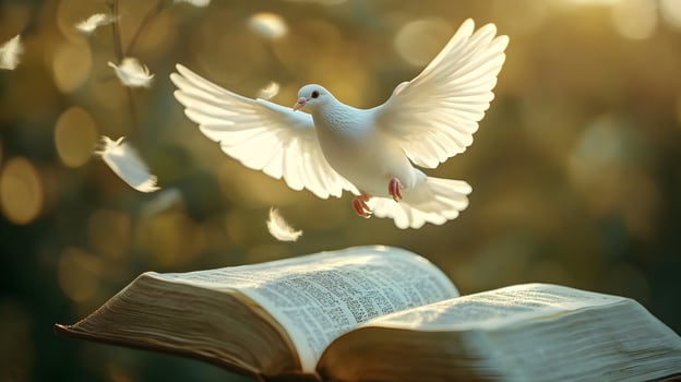Symbol of hope and faith a white dove flying above an open book, illuminating divine essence photo