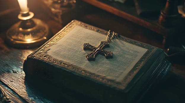 Sacred cross pendant atop aged bible, reflecting spiritual depth and historical narrative photo