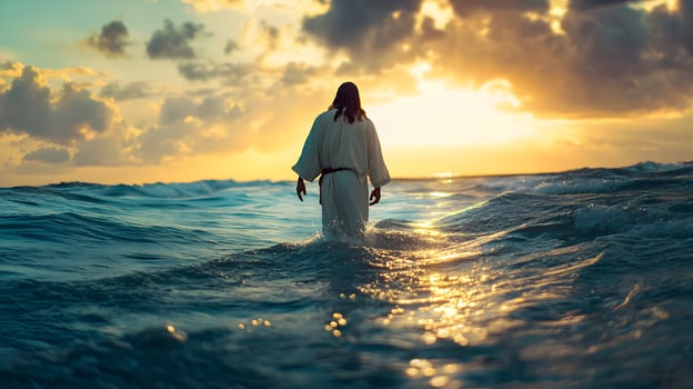 Spiritual Journey at Sunrise A Person Walks on Water toward Hope and New Beginnings photo