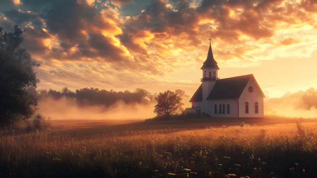 Serene sanctuary, an idyllic view of a church under a luminous sunset sky and misty fields photo