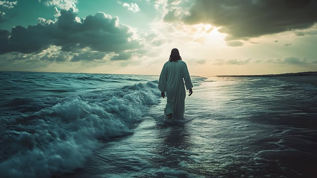 Figure in white garment strolling across the calm waters of the ocean at dawn photo