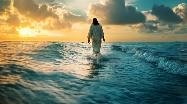 Person walking on water with a glowing sunset, conveying a spiritual journey scene photo