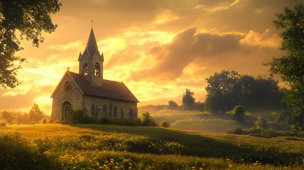 Idyllic rural church basking in the warm glow of sunset, against a hazy sky landscape photo