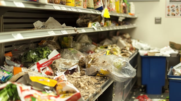 A cluttered shelf in a store filled with disorganized food items and waste. photo