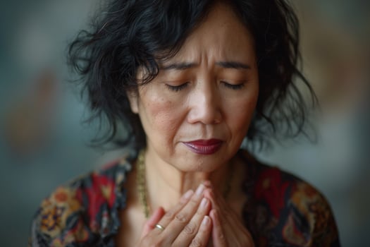 An Asian woman in her fifties closes her eyes with hands clasped, reflecting deep contemplation and serenity. photo