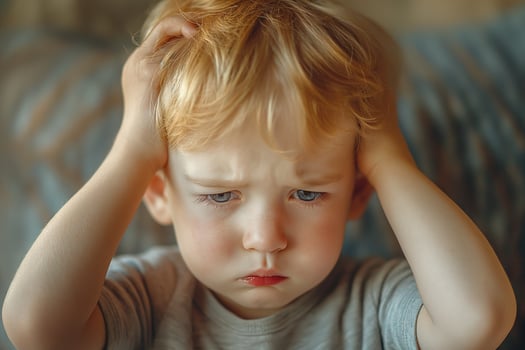 A young Caucasian boy showing signs of distress as he holds his head in frustration. photo