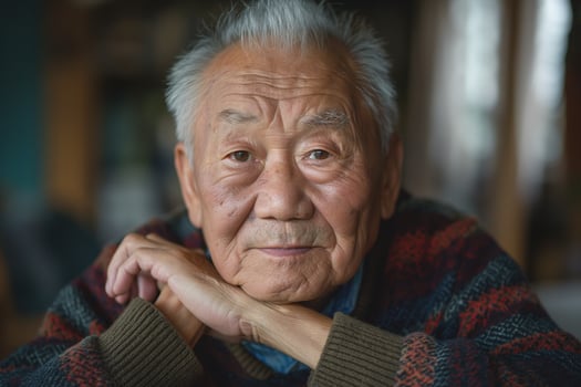 An elderly Asian man with gray hair and deep wrinkles, seated and looking directly at the camera with a calm expression. photo