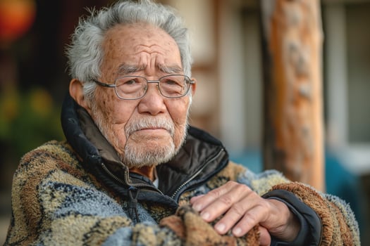 An elderly Asian man with gray hair and glasses gazes reflectively, wearing a cozy patterned sweater in a warm, inviting setting. photo