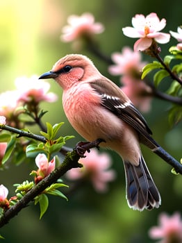 a pink bird sitting on a branch with pink flowers photo