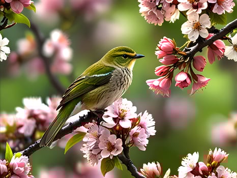 a green bird sits on a branch of a tree with pink flowers photo