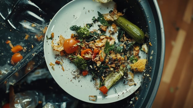 A plate with leftover food scraps in a trash bin, highlighting food waste issues. photo