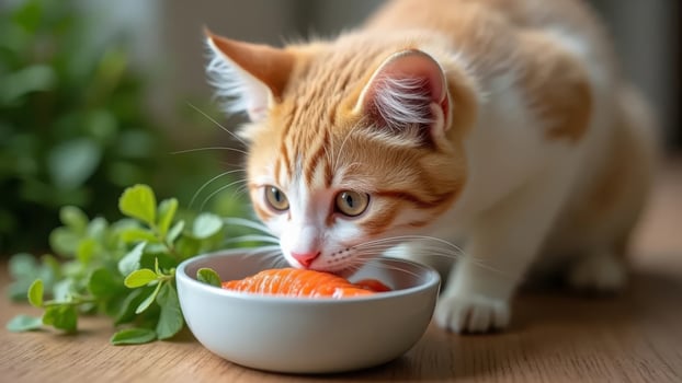 Cat and plate with fresh salmon. A natural and healthy pet food choice. photo