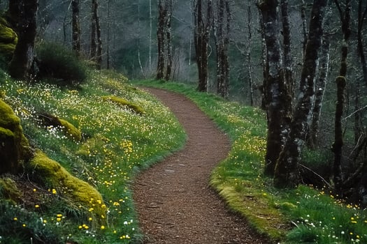 Winding path through spring wildflowers in lush forest photo