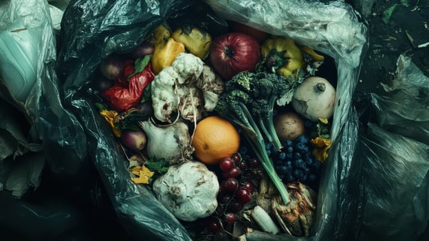 A bag filled with discarded fruits and vegetables, highlighting food waste. photo
