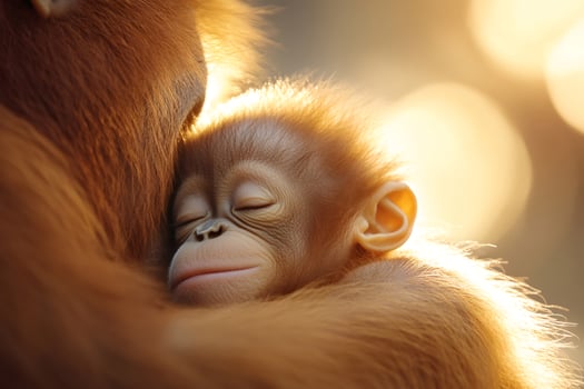 Baby orangutan sleeping and hugging its mother photo