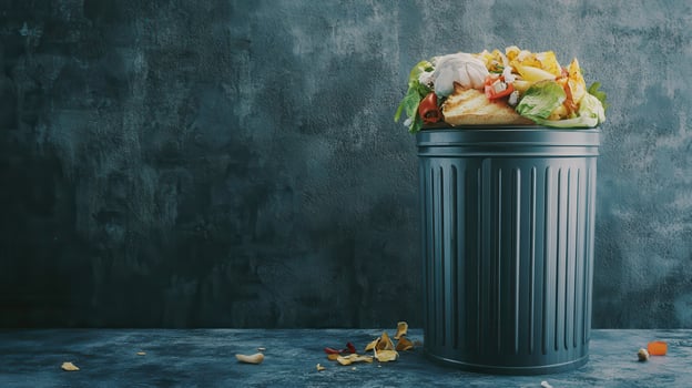 A full trash can overflowing with food waste against a textured background. photo