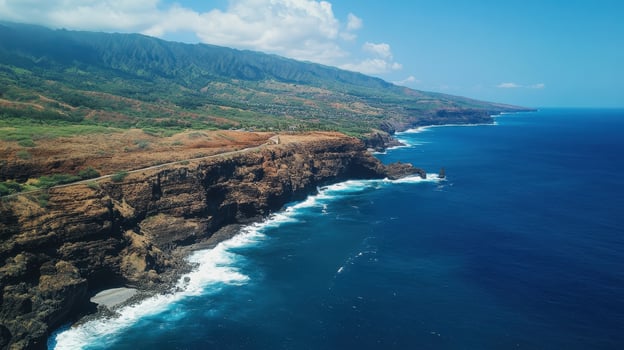 Aerial view of a coastal landscape with cliffs and ocean waves under a clear sky. photo