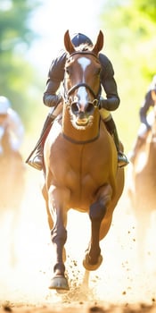 Dynamic Racehorse in Action on Sunlit Track Captures Thrill of Competitive Equestrian Sport photo