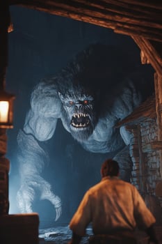 Terrifying Giant Monster Confrontation in Dark Village Street at Night photo