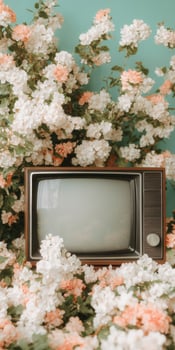 Vintage Television Surrounded by Blooming Flowers Against a Soft Green Background photo