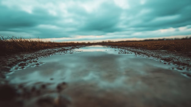 Muddy Road Puddle Reflecting Cloudy Sky photo