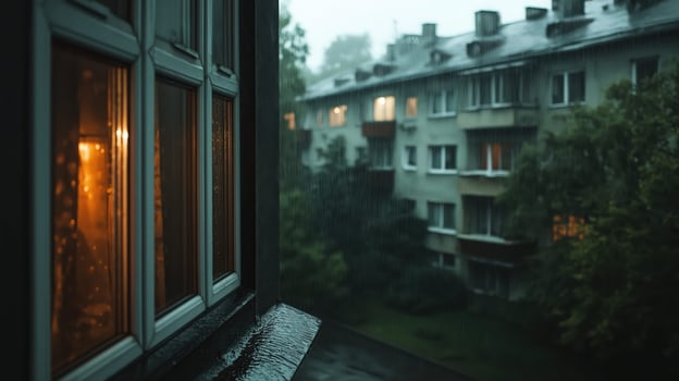 Rainy Evening City View from a Window with Warm Interior Light photo