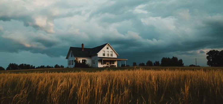 Farmhouse in a golden field under a stormy sky photo