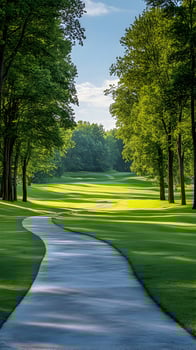 Scenic Golf Course Pathway with Lush Green Trees on a Sunny Day photo