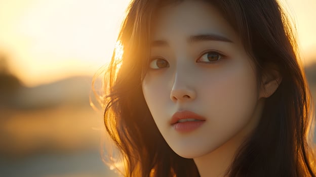 Portrait of a serene asian woman bathed in the golden light of the setting sun landscape photo
