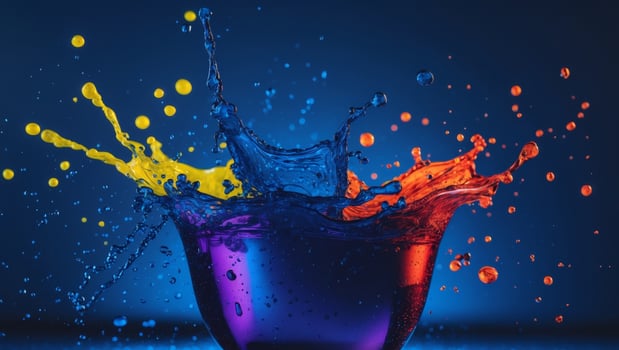 Color splash in a glass with blue, yellow and red liquid photo