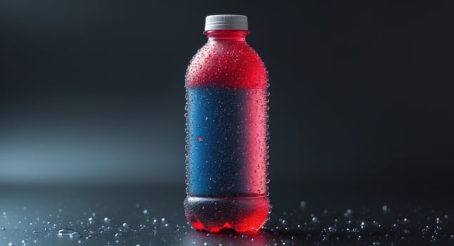 Colorful plastic bottle covered with condensation droplets on dark background. photo